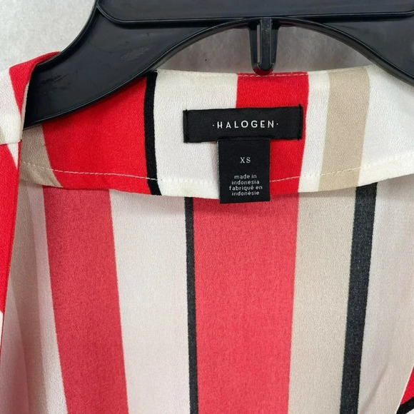 Halogen Wrap Blouse Women's Sz XS Coral Red White Striped Puff Sleeves Sheer - Picture 8 of 9